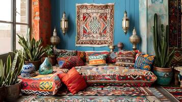 Bohemien Leben Zimmer Heiligtum mit geometrisch Muster und beschwingt Blau Farbtöne foto