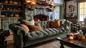 herbstlich Leben Zimmer mit Olive Grün Chesterfield Sofa geschmückt im rustikal Dekor und Erbstück Kürbisse foto