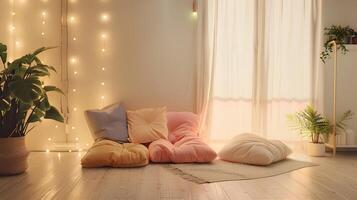 komfortabel Leben Raum mit Pastell- Kissen und Fee Beleuchtung Erstellen ein beruhigend Atmosphäre foto