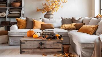 Herbst Leben Zimmer Dekor gemütlich neutral Sofa mit warm Beleuchtung und fallen Blätter foto