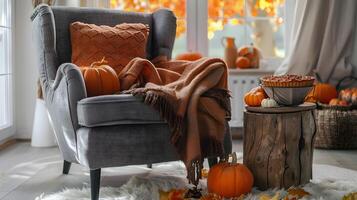 Herbst Rückzug gemütlich Leben Zimmer Szene mit ein grau Sessel geschmückt mit fallen thematisch Kissen und Decken, umgeben durch Kürbisse und Kürbis Kuchen foto