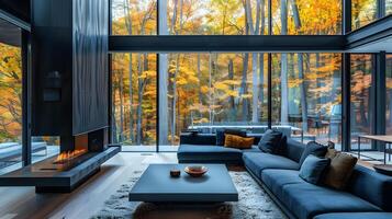 Herbst Wald Aussicht von ein modern Leben Zimmer mit minimalistisch Design und warm Kamin foto