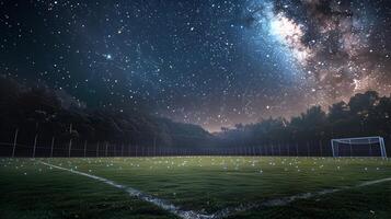 sternenklar Fußball Tonhöhe ein still Nachtzeit Szene beleuchtet durch kosmisch Designs foto