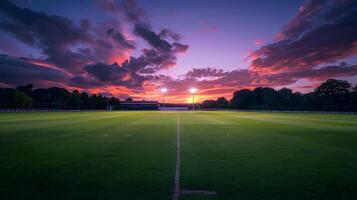 still Dämmerung Über heiter Kricket Boden nachtleuchtend Wolken Gliederung das Platz und Grenze Seile foto