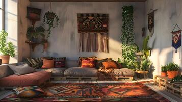 Boho Leben Zimmer mit rustikal hölzern Palette Möbel und erdig Wandteppiche foto