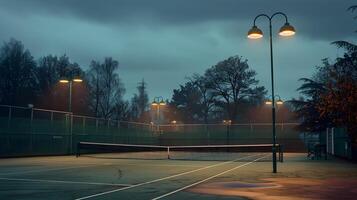 Jahrgang Lampen erleuchten klassisch Tennis Gericht beim Einbruch der Dunkelheit foto