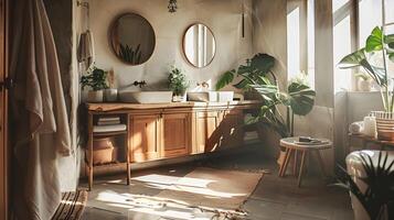 Boho Badezimmer Heiligtum doppelt Waschbecken, warm Holz Töne, und natürlich Licht foto