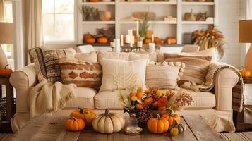 Herbstthema Leben Zimmer mit warm Dekor Umarmen das gemütlich Atmosphäre von fallen foto