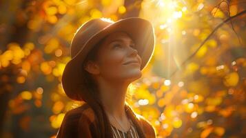 zusammengesetzt Frau aalen im das strahlend Herbst Vordächer Sonnenstrahlen foto