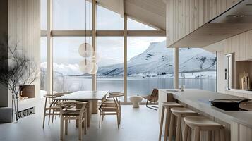 ein modern skandinavisch Küche Innere mit atemberaubend Fjord Ansichten und schneebedeckt Berg Panoramen foto