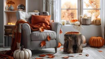 Herbst Leben Zimmer Dekor grau Sessel mit wohltuend Orange Decke und handwerklich Kürbis Kuchen foto