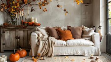 Herbst Leben Zimmer Dekor gemütlich Raum gefüllt mit Reich Texturen und Wärme foto