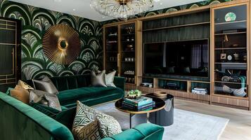 Kunst Deko Leben Zimmer elegant Smaragd Samt Sofa und Gold Akzente im ein anspruchsvoll Raum foto