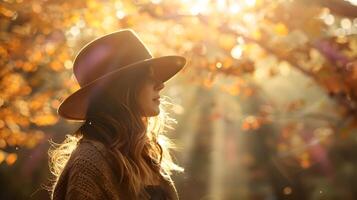 Herbst Überdachung Freude ein Frau bequem genießen strahlend Sonnenstrahlen Filtern durch beschwingt fallen Laub foto