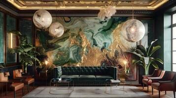 Kunst Deko Mauer Wandgemälde von abstrakt Marmor und Gold Akzente schmückt luxuriös Innere Design foto