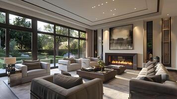 ultimativ Entspannung opulent Leben Zimmer mit Luxus grau Sofas und friedlich Garten Aussicht foto