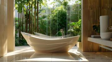 hochmodern Badezimmer Oase skulptural Badewanne inmitten grün Aussicht foto