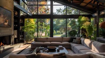 ultimativ Komfort im ein Schiefer grau Luxus Leben Zimmer mit szenisch Garten Aussicht foto