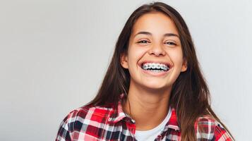 Hosenträger auf Zähne schön rot Lippen und Weiß Zähne mit Metall Zahnspange. ein Mädchen lächeln. foto