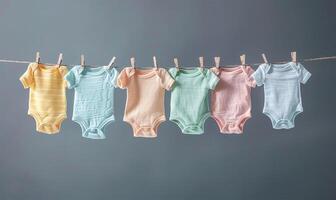 Pastell- Baby Kleider auf Linie, grau Hintergrund foto