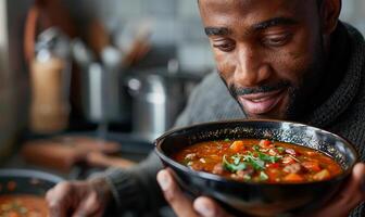 Suppe Verkostung, Mann im Zuhause Küche foto