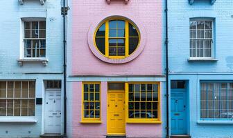 beschwingt Haus Fronten im Sanft Pastell- Farbtöne foto