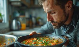 Suppe Verkostung, Mann im Zuhause Küche foto