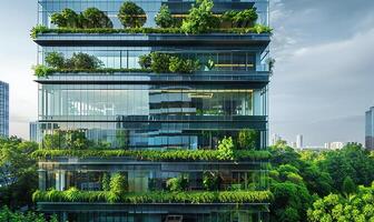 nachhaltig Büro Oase im ein modern Stadtbild, fördern Umwelt Verantwortung foto