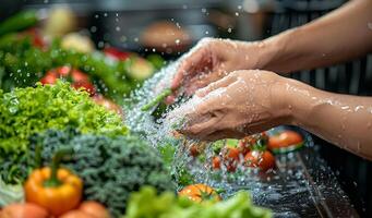 asiatisch Paar Hände Waschen Gemüse, Küche Nahansicht foto