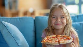 froh blond Mädchen Essen Pizza auf Blau Sofa foto