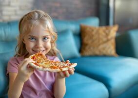 froh blond Mädchen Essen Pizza auf Blau Sofa foto