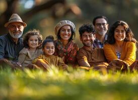 Menschen Diversität, froh Park Moment auf Gras foto