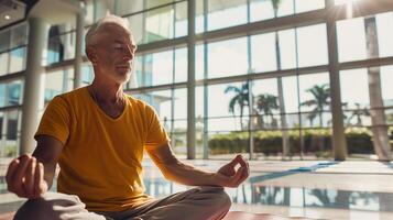 älter Männer trainieren Yoga, meditieren im Yoga Klassen und führen ein aktiv und gesund Lebensstil. Pensionierung Hobbys und Freizeit Aktivitäten zum das Alten. Bokeh im das Hintergrund. foto