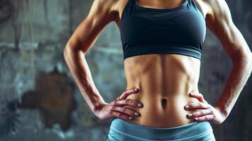 Nahansicht von sportlich jung Frau. perfekt Bauch Muskeln, Fitness Klassen. jung Frau im Sport oben auf ein Hintergrund mit Bokeh Wirkung, Kopieren Raum. foto