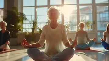 älter Frauen trainieren Yoga, meditieren im Yoga Klassen und führen ein aktiv und gesund Lebensstil. Pensionierung Hobbys und Freizeit Aktivitäten zum das Alten. Bokeh im das Hintergrund. foto