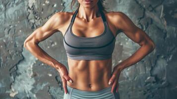 Nahansicht von sportlich jung Frau. perfekt Bauch Muskeln, Fitness Klassen. jung Frau im Sport oben auf ein Hintergrund mit Bokeh Wirkung, Kopieren Raum. foto