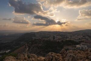 Landschaft von das Springen Berg im Nazareth. Panorama- Sicht. Sonnenuntergang foto