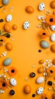 bunt Eier mit Copyspace auf Orange Hintergrund. Ostern Ei Konzept, Frühling Urlaub foto