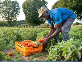 Farmer Ernte Tomaten im Feld beim Sonnenuntergang foto