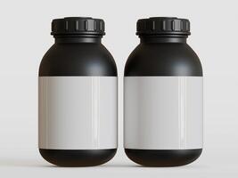 schwarz Plastik Flasche mit leer Etikette auf Weiß Hintergrund, 3d Wiedergabe. foto