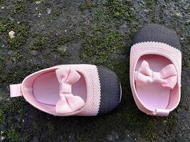 süß wenig Baby Schuhe Rosa und schwarz Farbe auf Gips und Moos Pflanzen Hintergrund foto