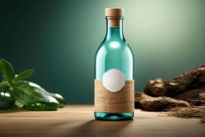handwerklich blaugrün Glas Flasche mit Kork oben und Jute Detaillierung - - umweltfreundlich Produkt Verpackung Attrappe, Lehrmodell, Simulation zum organisch branding und Wellness Produkte foto