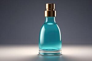elegant blaugrün Parfüm Flasche mit golden Deckel auf subtil Gradient Hintergrund foto