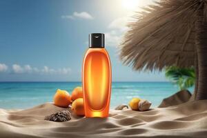 ein Orange Flasche von Parfüm auf das Strand mit Orangen foto