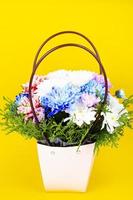 dekorative Chrysanthemenblumen im Korb auf farbigem Hintergrund. Studiofoto.