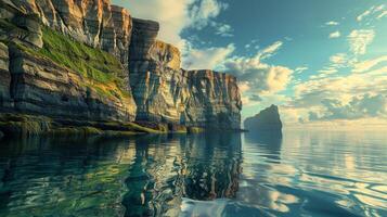 ein majestätisch Cliff beim Wasser Kante reflektieren Schönheit foto