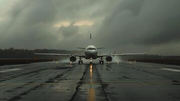 ein Flugzeug ist auf das Runway mit das Wörter foto