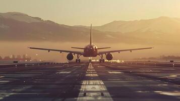 ein Flugzeug ist auf das Runway mit das Wörter foto