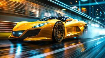 ein glänzend Gelb Sport Auto Fahren im ein Rennen foto
