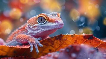 ein schleimig süß Gecko suchen beim ein bunt Herbst foto